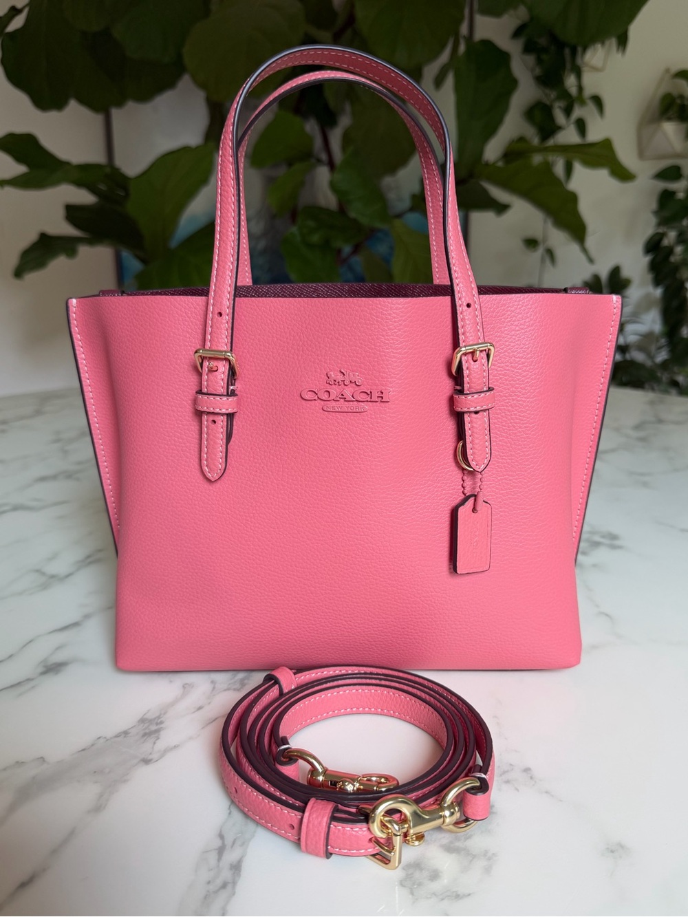 NWT COACH Mollie Tote Bag 25 Crossbody Leather Tonal Hardware Bright Coral CV966